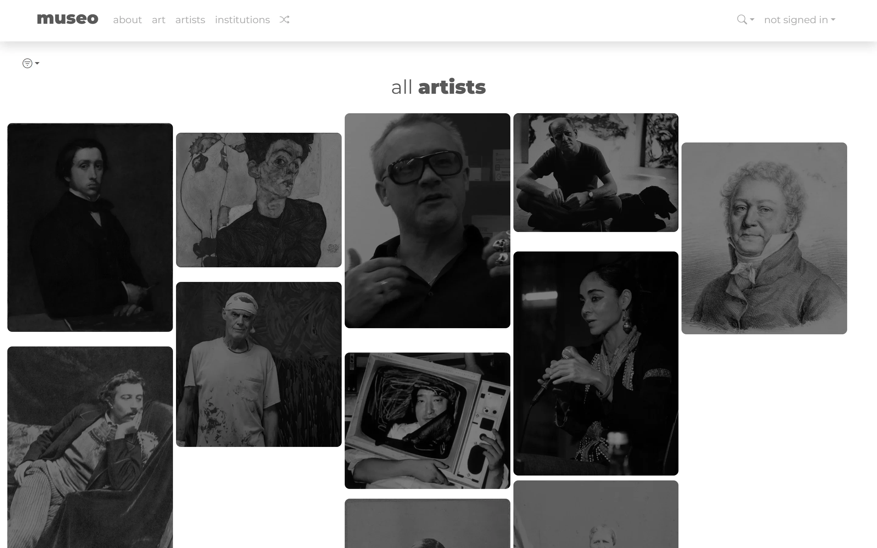 museo artists index with a card hover state
