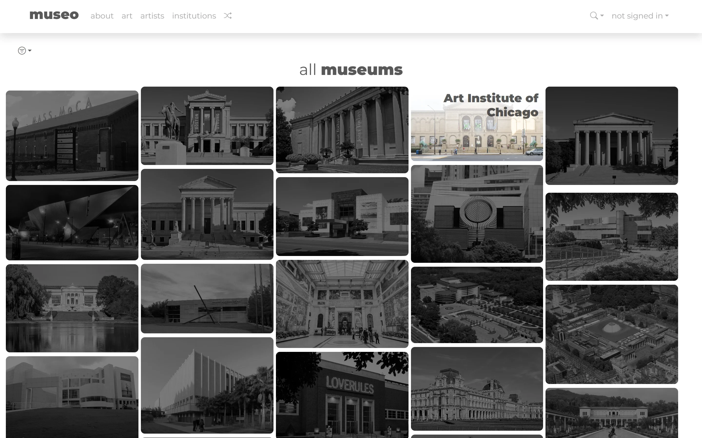 museo museums index with a card hover state