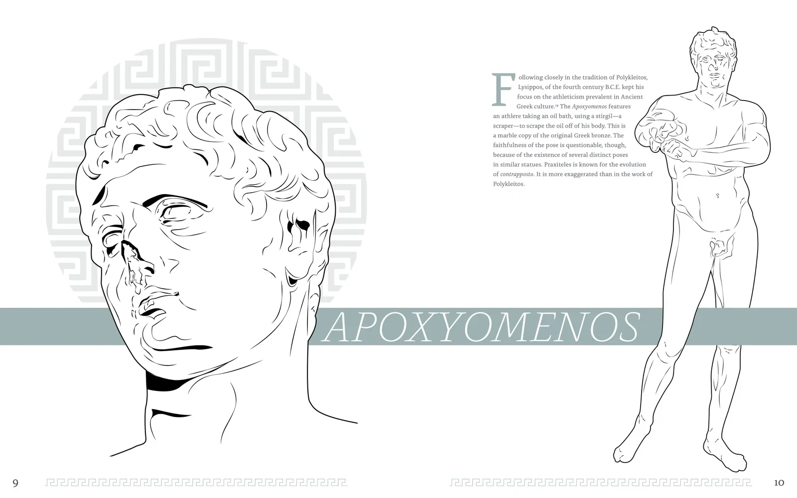 Apoxyomenos. Hellas spread on the Apoxyomenos, with detail and full-body illustrations