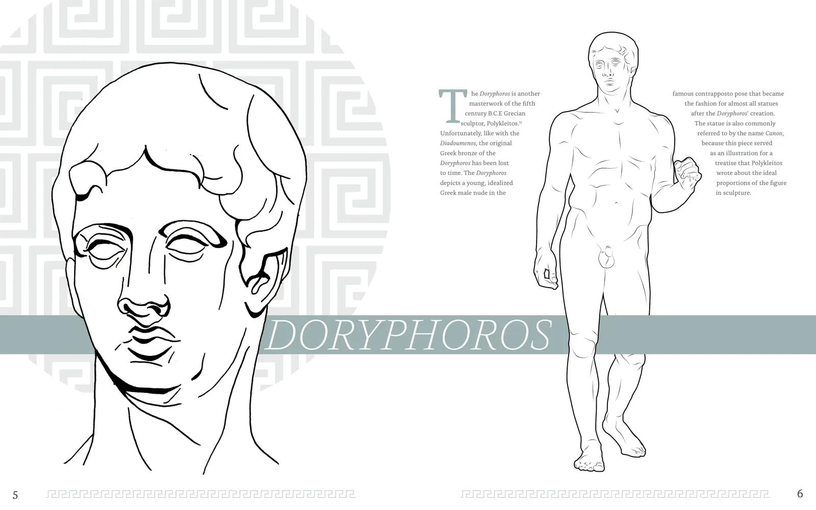 Doryphoros. Hellas spread on the Doryphoros, with detail and full-body illustrations
