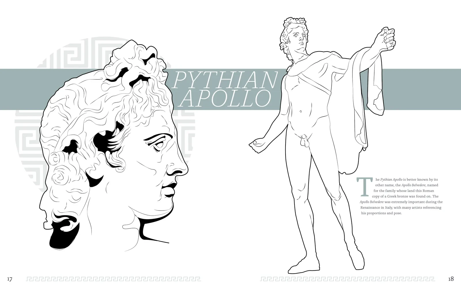 Pythian Apollo. Hellas spread on the Pythian Apollo, with detail and full-body illustrations